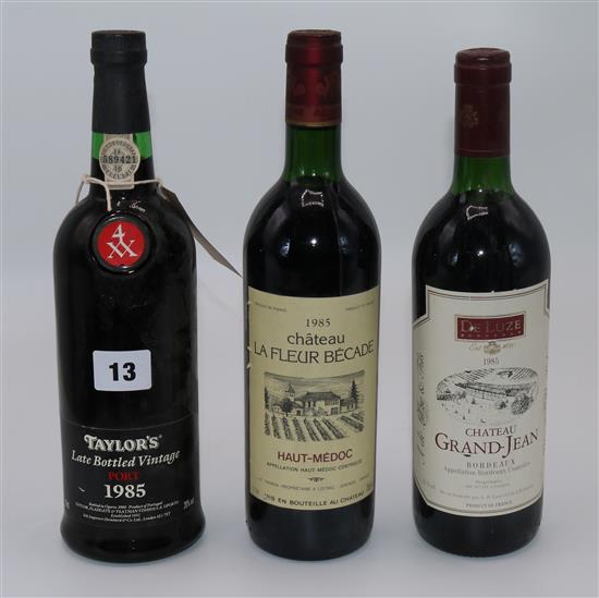 1985 Chateau Grand Jean, 1985 Chateau La fleur becade, 1985 Taylors late vintage port